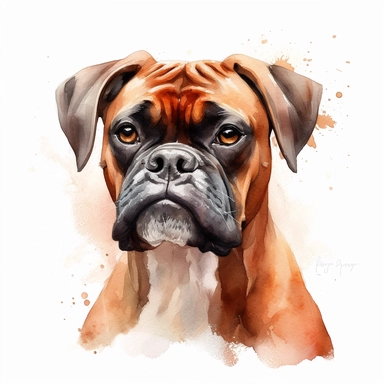 cute Mahogany Boxer dog portrait, full face, centered shot, side shot, dynamically posed, in action, playful mood, happy mood, playing mood, cute face, adorable smile, childlike eyes, clean watercolor illustration, white background, nursery baby imagery, painting, detailed, 8k, PNG, clipart,