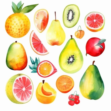 Create a set of tropical fruit clipart elements using vibrant watercolors. Paint each fruit individually, including a ripe pineapple, a juicy watermelon slice, a plump mango, and a refreshing slice of kiwi. Embrace the transparent and delicate nature of watercolor to capture the luscious textures and vibrant colors of the fruits. Draw inspiration from botanical illustrations, infusing the clipart with a touch of whimsy and elegance. Focus on creating a consistent color palette that exudes the tr