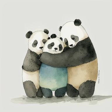 watercolor and ink drawing of a portrait of a family of three happy panda bears, one mom bear, one dad bear, one baby bear, clipart, embracing each other, cute pose, cartoon, doodle, happy, smiling, beautiful watercolor ink wash coloring, thick pencil lines, Jon klassen, Adrian tomine, popular on etsy, watercolor illustrations clipart, watercolor illlustrations for kids and children, book illustrations, plain white background