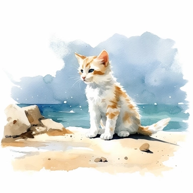 happy kitten on the beach, watercolor painting by WINSLOW HOMER, clipart, isolated pure white background