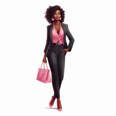 Professional black woman pink pants suit, facing camera, very fashionable, happy, confident, carrying small designer handbag, wearing high heels and bold jewelry. Illustration style, clip art