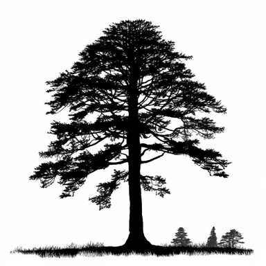 silhouette of tall cedar tree black on white background clip art style