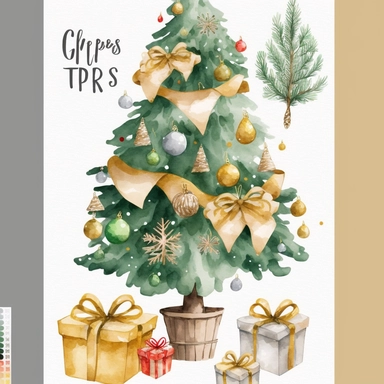 christmas tree with presents clipart, decorated pine tree with christmas golden presents, golden christmas decoration, christmas decor, simple shapes, no lines, no outlines, clipart, featured on dribble, cartoon tree clipart, minimalist, computer vector graphic design clip art, watercolor illustration clipart, watercolour clipart, watercolor illlustration for kids and children, book illustration, print on demand image, PNG tranparent background