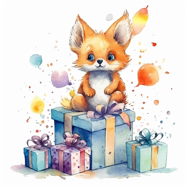 one birthday gift clipart on a white background, in the style of realistic watercolor paintings, toycore, fantastical compositions, characterized animals, tonal variations in color, highly detailed illustrations, no watermark, text, words, paintbrush , 300 DPI , typography, the images do not stick together, no text in the picture