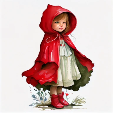cute Little Red Riding Hood, photorealistic, smiling, charming, storybook style, clipart, watercolor, white background,