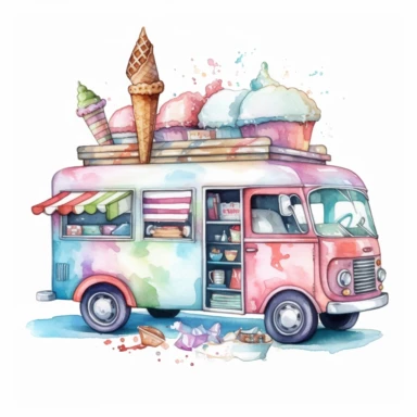 ice cream truck watercolor clipart, white background