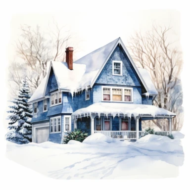 Hand drawn, watercolor, hyper realistic, white background, white margins, 16k, ultra detailed clipart, cut out image, hand-drawn, ultra HD, sharp and clean art, Snow-covered house.