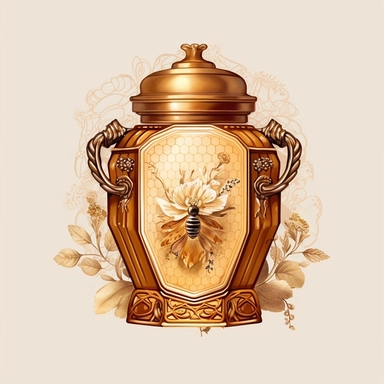 A honey jar with a golden label, adorned with intricate honeycomb patterns and floral motifs, exuding elegance and sophistication. (Digital drawing clipart, image black border color, full body, flat texture, transparent background)