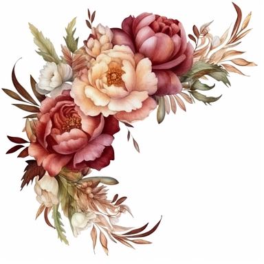 clear watercolor burgundy and peach peonies in corner arrangement border, hyper detailed, high definition, ultra realistic, clipart, white background,