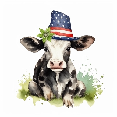 american flag day, watercolour clipart, beautiful black, white calf cow wearing americam hat sitting in grass, sublimations