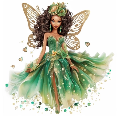 glitter hand illustrated barbie inspired brown skin fairy floral accents emerald green bright and sparkly sequins accented gown semi transparent flowy dress pretty wings hyper realistic watercolor smiling lips big eyes pretty fairy no background clipart style full body jewels gemstones sparkly diva with crown intricate detail