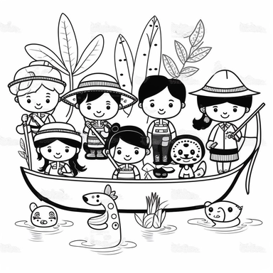 simple, traditional costumes, local foods, and animals, diverse characters, educational, history, and cultural diversity,row boat on a beautiful river, clipart style, cute, picture book style, captivating, kid friendly cute character, black and white, coloring book style, cartoon style, vector image, simple, line art style, character, white background