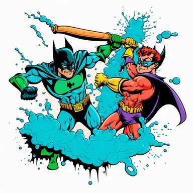 clipart of batman and robin in the middle of a water fight. in the style of a comic book cartoon.