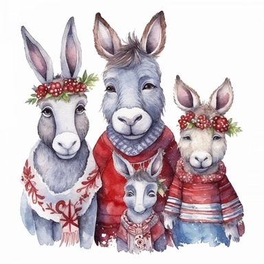 charming family of 4 donkey, Christmas morning, festive decor and mood, ornamental watercolor, clipart