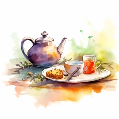 Create One clipart inspired by table with tea: The clipart exudes a cozy ambiance, with a sense of warmth and tranquility. It invites viewers to imagine themselves wandering through this magical nature, discovering its secrets and encountering fantastical creatures.cozzy watercolor style. in 4K. so it can be used in fantasy books. beautifull coloring