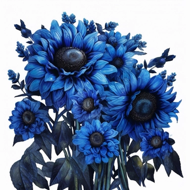 Behold a magnificent bouquet of blue sunflowers, their majestic petals dancing gracefully with hints of cerulean and azure hues. The contrast of their vibrant blue against the inky black centers captivates the eye and evokes a sense of wonder. With a whiteground in clipart