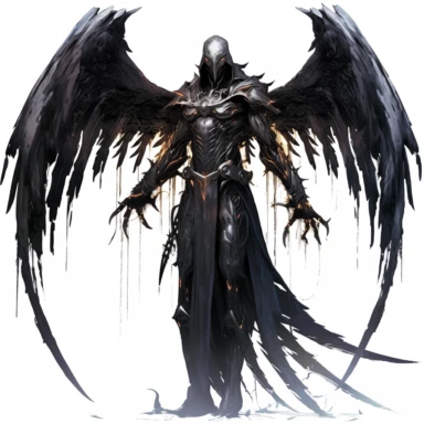 image of a dark archangel mythological figure, sci-fi style, white background, clipart