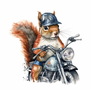 squirrel riding on harley davidson, motorcycle gang outfit, handpainted,watercolor, vector, clipart, clean white background