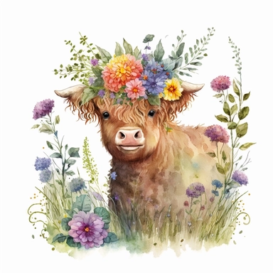 A whimsical watercolor clipart: a sprightly highland calf adorned with colorful hats and scarves, frolicking among a garden of blossoming flowers. Pure joy captured. HD quality. Resolution: