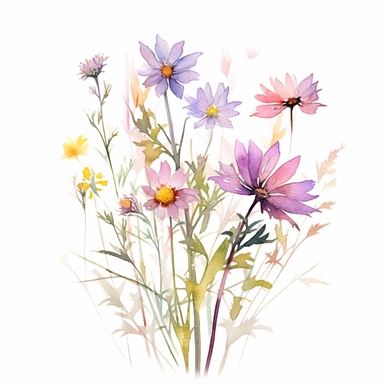 watercolor single meadow wildflower clipart with pastel colors like pink, yellow, purple and other pastel colors with no text and iamge, white background--s 500-v 5