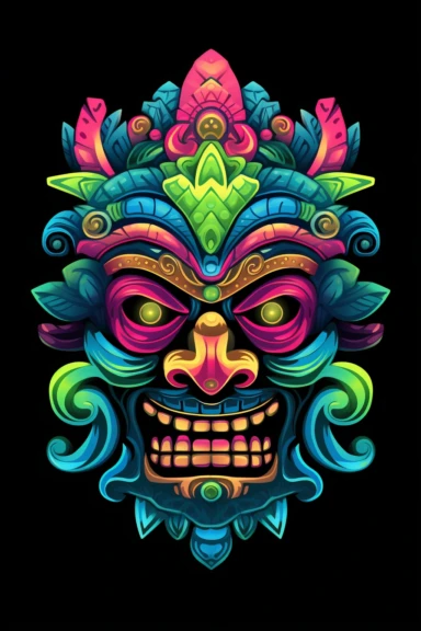 samurai jeweled tiki, clipart, neon on black background, vector