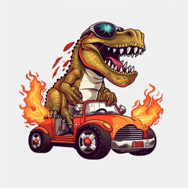 t-Rex dinosaur wearing sunglasses and a baseball hat backwards, driving monster truck with flames, happy,cartoon,hd, clipart ,on white background, - - ar 3:2, - - s 1000