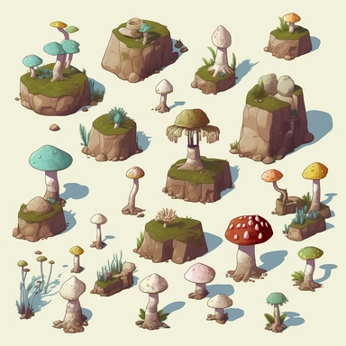 simple mushroom covered boulders, video game asset, isometric, top down, isolated figures, hand drawn, level art, atmospheric effects, spatial concept art, muralist, clipart, ps1 graphics, deconstructed objects, 2d, plain background