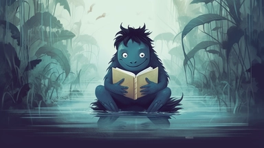high quality clip art of reading monster in swamp, black hair and black suit, white solid color background, cold color palette based blue, Pro freelance, Illustration agency, behance style,