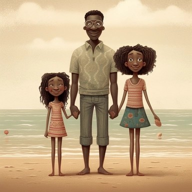 Happy Black Girl and her mom and dad Smiling at the beach ib sag harbor art,black girlsclipart, Funny black girl , Cheerful african american girl child png, clipart, afro ,Full body with legs , Cottage core , preppy , Highly detailed close-up portrait , standing , Nicoletta Ceccoli, Mark Ryden, lostfish, Earl Nor, global lighting, divine rays, detailed and intricate surroundings, sf, intricate artwork masterpiece, ominous, matte painting movie poster, blue ratio, trending on cgsociety, intricate