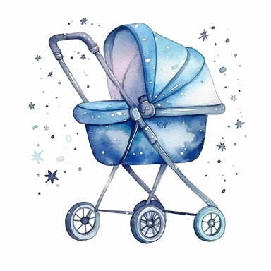 clipart kawaii blue baby carriage, watercolor, simple, white background