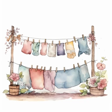 whimsical watercolour cute clip art laundry line with clothes