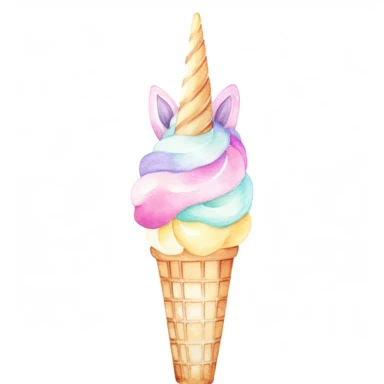 create a hand drawn watercolor clipart of a unicorn icecream, white background, 4k