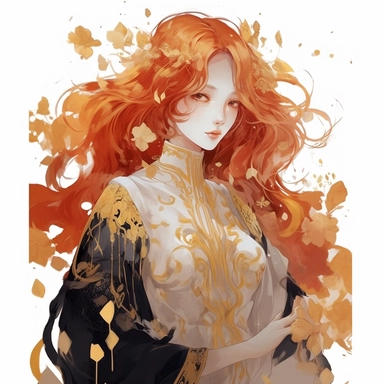 a girl with red flowing hair, delicate shades of red orange and gold, watercolor clipart, white backound, no backound, glowing,Takehisa Yumeji