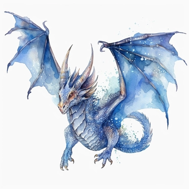 watercolor dragon, clipart, white background, no background, one dragon, high quality, chibby dragon, fantasy, diamond, flying, medieval, blue