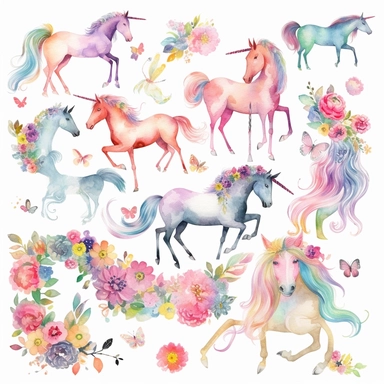 Design a captivating collection of watercolor clipart elements showcasing fairytale ponies in a whimsical and illustrative style. Paint each pony separately, featuring vibrant and imaginative designs, such as a pony with a rainbow-colored mane and tail, a pony adorned with intricate floral patterns, a pony with wings inspired by butterfly wings, and a pony with a starry night sky coat. Utilize a vibrant color palette, incorporating bold and contrasting colors to enhance the magical and fantastic