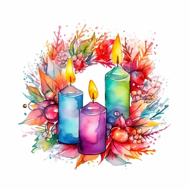 watercolor Christmas round wreath adorned with christmas candles clipart, vibrant colors, add glitter, on a white background