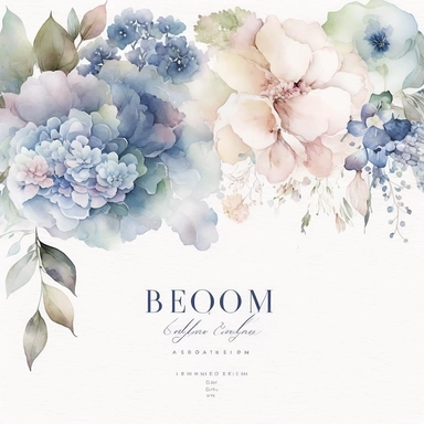 watercolor floral CLIPART, dusty baby pink color peony and blue hydrangea flower premade border, pastel pale COLORS, clipart, , no background, blank space for writing, CLEAN OUTLINE, delicate and elegant, dreamy airy color, classic style, airy watery colors, with elements of GREEN LEAVES and bluberries, hd, best quality, 8k,