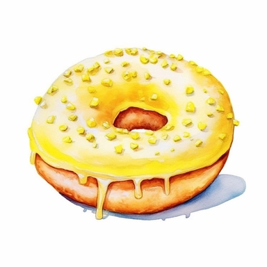 a beautiful detailed watercolor artwork of delicious Lemon-filled donut donut, food art, clipart, clear border, hd, on white background,