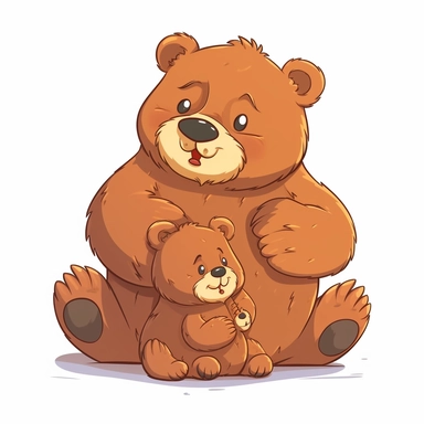 Clipart with cute bear family on white background. A big bear lovingly hugging or playfully interacting with the baby bear. Use different sizes of the bears to represent the relationships within the family