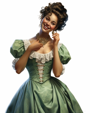 detailed smiling beautiful lady , dressed in a sage victorian vintage dress putting earrings, hyper realistic, 8k, isolated on white backgorund, clipart