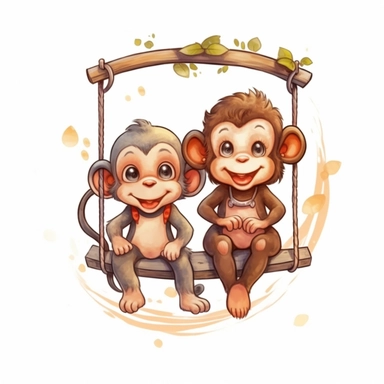 Cute Beautiful Happy Face Couple Baby Monkey sit on a swing Sublimation Clipart ,Cartoon,hyper realistic, intricate detail, illustration style,high solution,on the white background