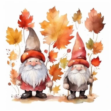 semi-cartoon style hand drawn watercolour clipart set of 2 cute gnomes with large bulbous noses in bright boho colors holding boho style autumn maple leaves, white background, 300 dpi, high quality digital art suitable for printing, spaced apart