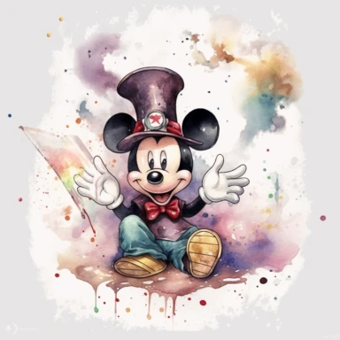 watercolor magician micky mouse , very detailed, clipart, modern style, white background, 8k