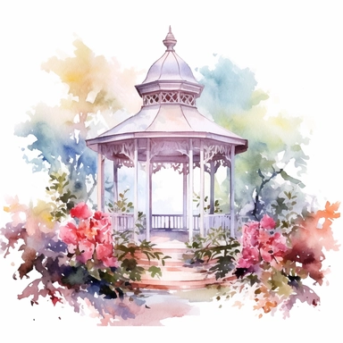 Watercolor Floral Gazebo in garden Clipart, white background