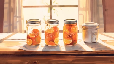 An enchanting setup of three orange watercolor clipart mason jars filled with delectable desserts, placed on a weathered wooden table in a charming rustic kitchen. The kitchen is bathed in warm natural light, casting soft shadows that add depth and dimension to the scene. The mason jars are arranged haphazardly, as if they were just placed on the table after a delightful homemade meal. The wooden table has a worn and shabby chic appearance, with peeling paint and visible scratches, adding to the