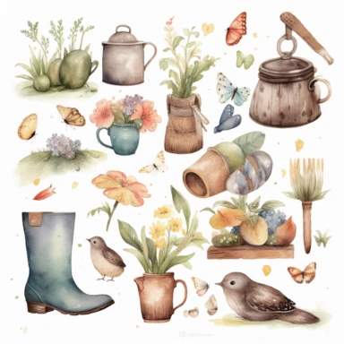 spring time watercolor storybook illustrations clipart set, watercolor, white background, simple, soft colors, boho, minimalism ,garden tools accessories ,birds, butterflies, balloons, wooden pots, rubber boots ,hedgehog, bunny, ladybirds