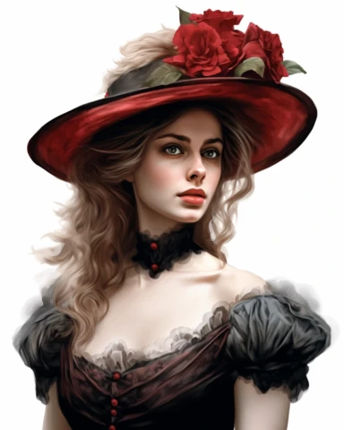 detailed beautiful lady facing me with vintage hat with red roses dressed in a vintage dress, hyper realistic, 8k, isolated on white backgorund, clipart