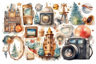 magical christmas watercolor clipart, in the style of toy camera effects, magnified ornamentation, organic material