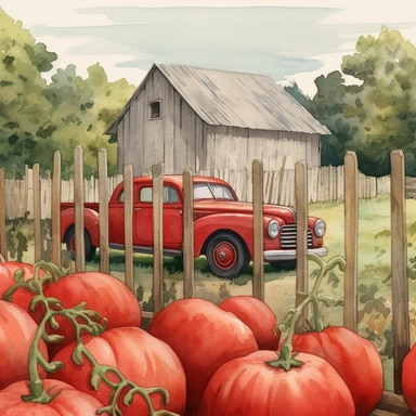 tomatoes with a bite missing , watercolor clipart & clip art, in the style of light red and dark gray, narrative paneling, classic american cars, uhd image, hand lettering, depiction of rural life, wood fence clipart