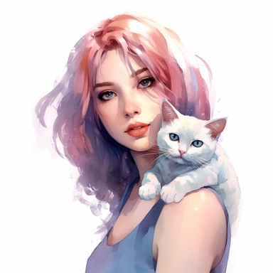 A girl with a friendly cat perched on her shoulder, showcasing their close companionship, pastel colors, white background, watercolor splash, clipart, by Jack Hughes